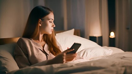 Poster - woman lying in bed using smartphone generative ai