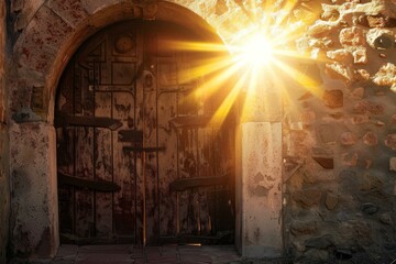 Sticker - Warm sunset light beams through an antique wooden door in a stone entryway, evoking history and mystery