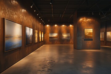 High-End Art Gallery with Bronze-Colored Walls, Featuring Canvas Frames for Mockup Displays,
