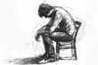 A illustration of a person sitting on a chair, shoulders hunched, head bowed low, and hands limp in their lap. 