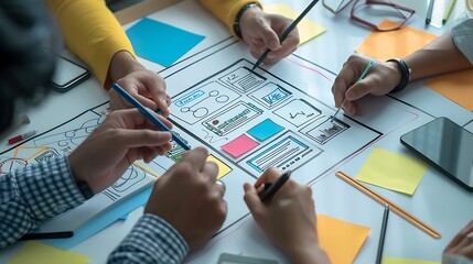 Aufkleber - Group of designers draw a ux website to develop a mobile application at meeting : Generative AI