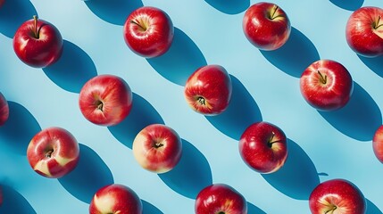 Aufkleber - Colorful fruit pattern of fresh red apples on blue background From top view : Generative AI