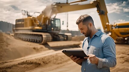 Poster - Man Using Tablet at Construction Site Generative AI