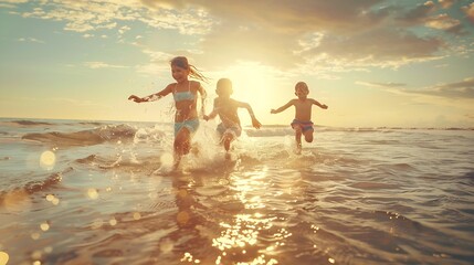 Wall Mural - Group of Diversity little child boy and girl friends running and playing in sea water on tropical beach together on summer vacation Happy children kid enjoy and fun outdoor lifestyle o : Generative AI