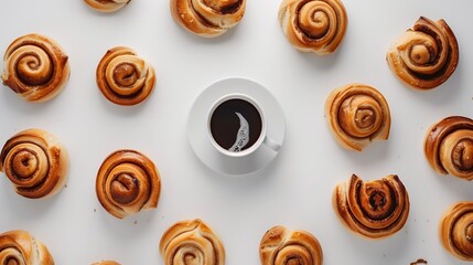 Aufkleber - Creative layout made of cinnamon buns and cup of coffee on the white background Flat lay Food concept : Generative AI