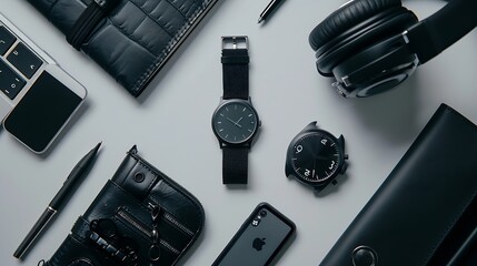 Leinwandbilder - Man Items in all Black on a White Background Shot from Above with Cell Phone Pens Wallet Watch Notebook and Headphones : Generative AI