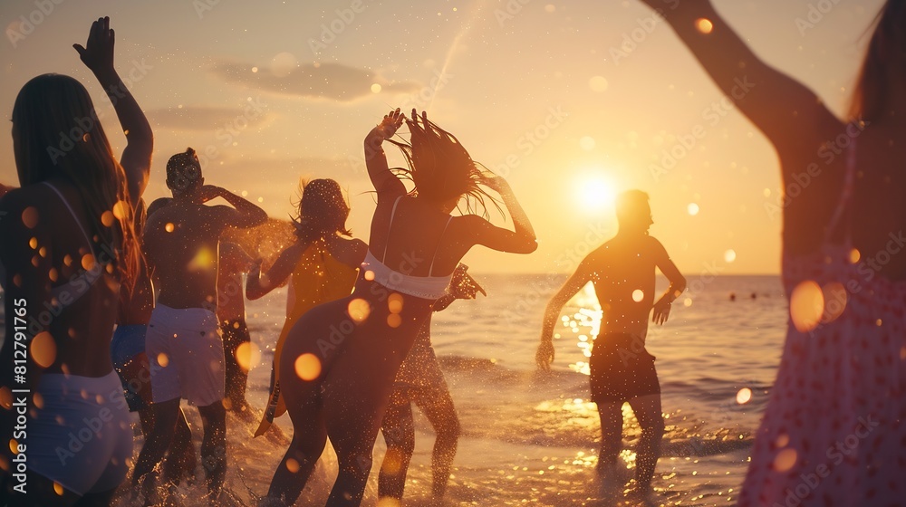 group of happy young people dancing and spraying at the beach on ...