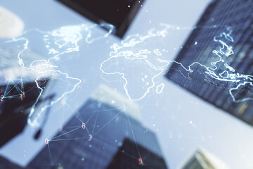 Poster - Double exposure of abstract digital world map hologram on blurry cityscape background, big data and blockchain concept