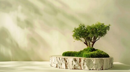 Aufkleber - Abstract podium for organic cosmetic products Natural style bark tree podium with green moss on pastel background Still life for the presentation of cosmetic products Copy space : Generative AI