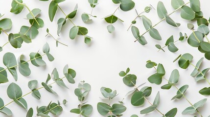 Poster - Eucalyptus leaves on white background Frame made of eucalyptus branches Flat lay top view copy space : Generative AI
