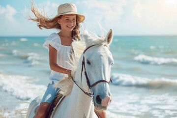 Wall Mural - 10-year-old girl on a horse is happy near the sea