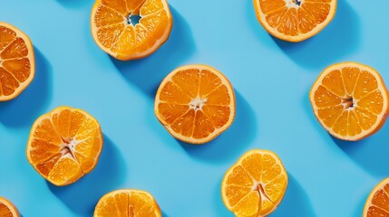 Aufkleber - Fruit pattern of fresh mandarin slices on blue background Flat lay top view Pop art design creative summer concept Half of citrus in minimal style Tangerine : Generative AI