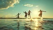 © Generative AI - Friends having fun enjoying a summer day swimming and jumping at the lake : Generative AI