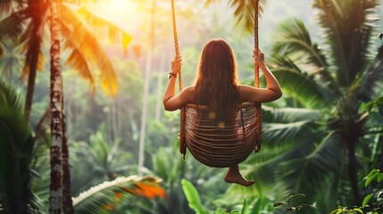 Wall Mural - Back view yourist woman swing on wicker rattan hang chair in the jungle nature view Enjoy vacation on tropical Bali island : Generative AI