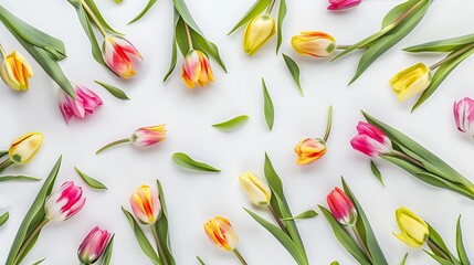 Poster - Spring tulips Composition and creative layout made of colorful tulip flowers isolated on white background Top view flat lay Design element : Generative AI