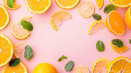 Aufkleber - Citrus slices and mint herbs frame on retro pastel pink background with copyspace from above Top view of lemon and orange frame design banner : Generative AI