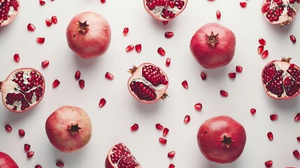 Aufkleber - Fresh pomegranate creative layout isolated on white background Healthy eating and dieting food concept Winter fruits and berries composition Top view flat lay design element : Generative AI