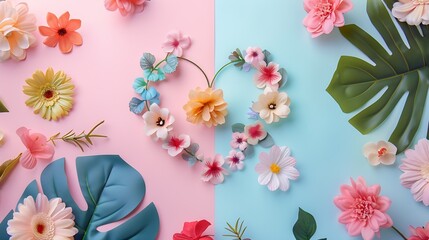 Wall Mural - Creative layout with colorful flowers leaves and heart shape Anniversary conceptFlat lay : Generative AI