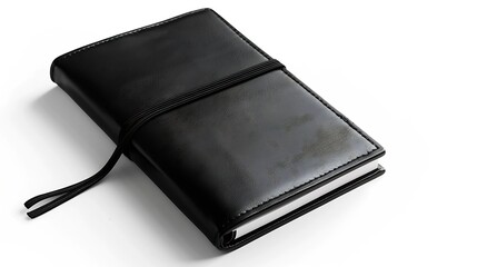 Poster - Black leather notebook mockup with elastic isolated on white background Top view Clipping path : Generative AI