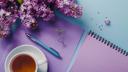 Aufkleber - notepad and pen paper clips and clips with a layout of the place to copy Home office desktop with top view decorated with lilac flowers a cup of tea : Generative AI