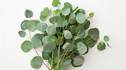 Poster - green eucalyptus leaves bouquet   on a white background  top view eucalyptus branch posterMinimal floral card : Generative AI