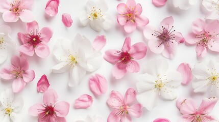 Poster - Cherry blossom Pink sakura spring flowers and white cherry petals isolated on white background Springtime concept Creative banner Flat lay top view Floral design element : Generative AI