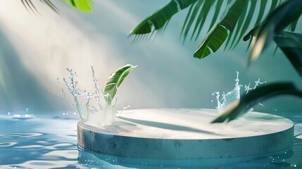 Poster - Round empty podium and tropical leaves in water with waves splashes for presentation of natural cosmetics : Generative AI