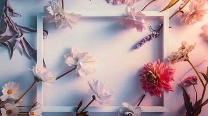 Poster - Creative layout made with flowers and white frame Spring minimal concept Nature background : Generative AI