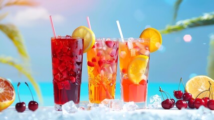 Wall Mural - soft drinks  soft drinks in which ice is poured tropical mixed fruit near beach soft drink with friends with sweet cherries summer vacation concept  eats fresh fruit and serves drink g : Generative AI