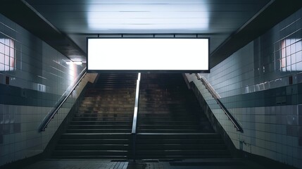 Poster - Horizontal mock up of blank advertising billboard poster template next to a flight of stairs outofhome OOH media display space mockup in pedestrian underpass digital display in train s : Generative AI