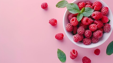 Aufkleber - Banner Fresh raspberries in white bowl and green leaves on pastel pink background Flat lay top view copy space : Generative AI