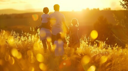 Wall Mural - Happy family mother father children son and  daughter on nature  on sunset : Generative AI