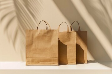 Mockup featuring three cardboard bags, perfect for showcasing design concepts or branding ideas.