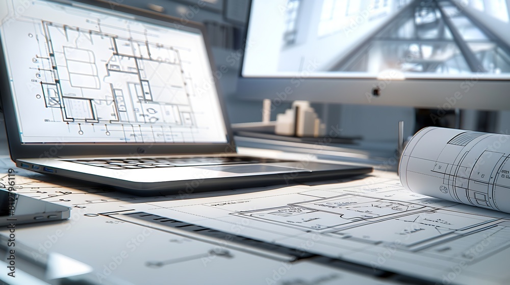 Digital blueprint by architecture design software on laptop screen with documents and blueprint layout on office table seamless integration of technology and traditional drafting metho : Generative AI