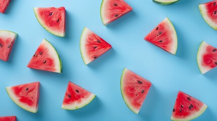 Aufkleber - Colorful fruit pattern of fresh watermelon slices on blue background From top view : Generative AI