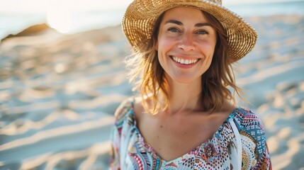 Wall Mural - pretty attractive slim smiling woman on sunny beach in summer style fashion trend outfit happy freedom wearing white top jeans and colorful printed tunic boho style chic and straw hat : Generative AI