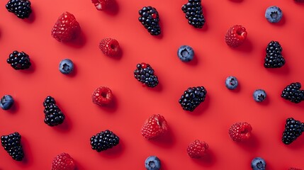 Poster - Colorful fruit pattern of wild berries on red background Creative summer fruit concept Strawberries blueberries and raspberries Minimal healthy diet or smoothie texture Top view flat l : Generative AI