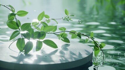 Aufkleber - Empty round podium pedestal green leaves against the background of water with drops and ripples : Generative AI