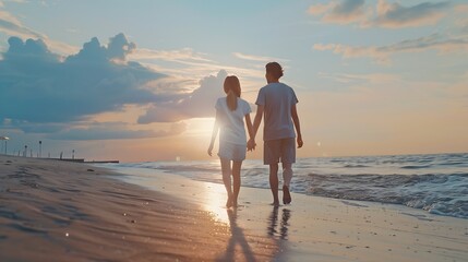 Wall Mural - Full body back view young lovely couple two friends family man woman in casual clothes hold hands walking stroll together at sunrise over sea beach ocean outdoor exotic seaside in summ : Generative AI