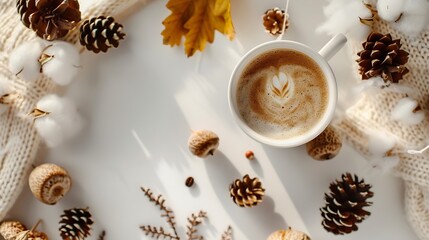 Wall Mural - Autumn composition Cotton cup of coffee pine cones acorns cotton on white background Autumn fall concept Flat lay top view : Generative AI