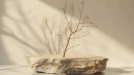 Aufkleber - Podium for exhibitions and product presentations material stone wood dry branches Beautiful beige background made from natural materials Abstract nature scene with composition : Generative AI