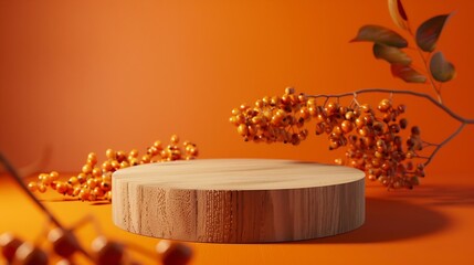 Poster - Wooden cut podium on orange background with  autumn rowan berries Concept scene stage showcase product promotion sale presentation beauty cosmetic Wooden stand studio empty : Generative AI