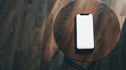 Poster - Blank screen mobile phone with copy space on wooden side table Flat lay top view Copy space mockup template : Generative AI