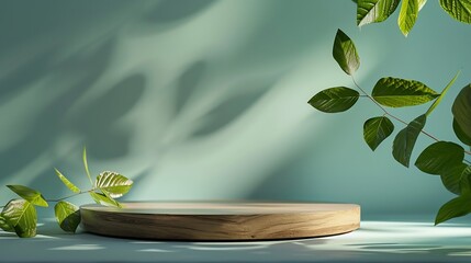 Aufkleber - Wood product display podium with nature green leaves for presentation design : Generative AI