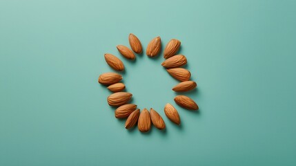 Poster - Creative layout made of almond on the green background Flat lay Food concept Macro concept : Generative AI