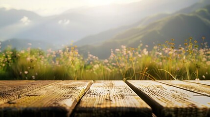 Wooden table top on blur mountain and grass fieldFresh and Relax conceptFor montage product display or design key visual layoutView of copy space : Generative AI