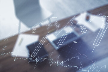 Poster - Double exposure of abstract creative financial diagram and modern desk with computer on background, banking and accounting concept