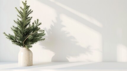 Aufkleber - Christmas New Year home decor Empty white wall mock up with green fir branches in a vase on a white table Mock up for displaying works : Generative AI