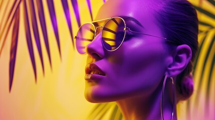 Holiday and style concept Studio portrait of beautiful woman with classic hairstyle and sunglasses Model face reflection and palm tree composition Toned image with purple and yellow co : Generative AI