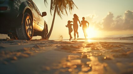 Wall Mural - Family vacation holiday Happy family running on the beach in the sunset Back view of a happy family on a tropical beach and a car on the side : Generative AI